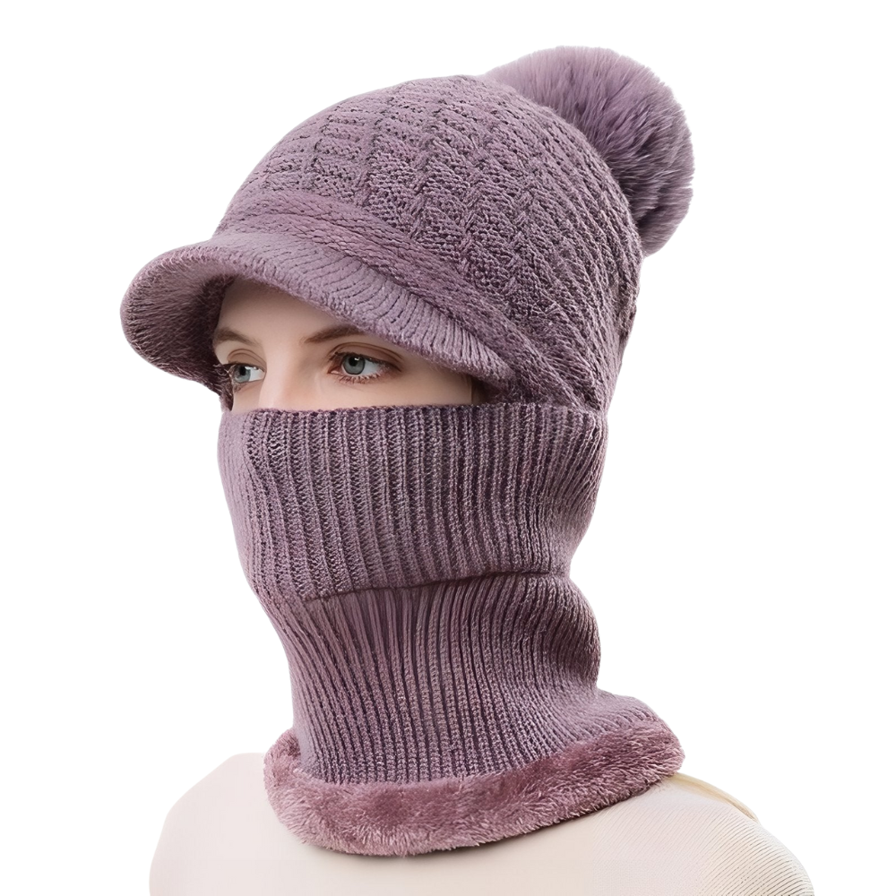 Knitted Winter Hat with Visor and Neck Warmer