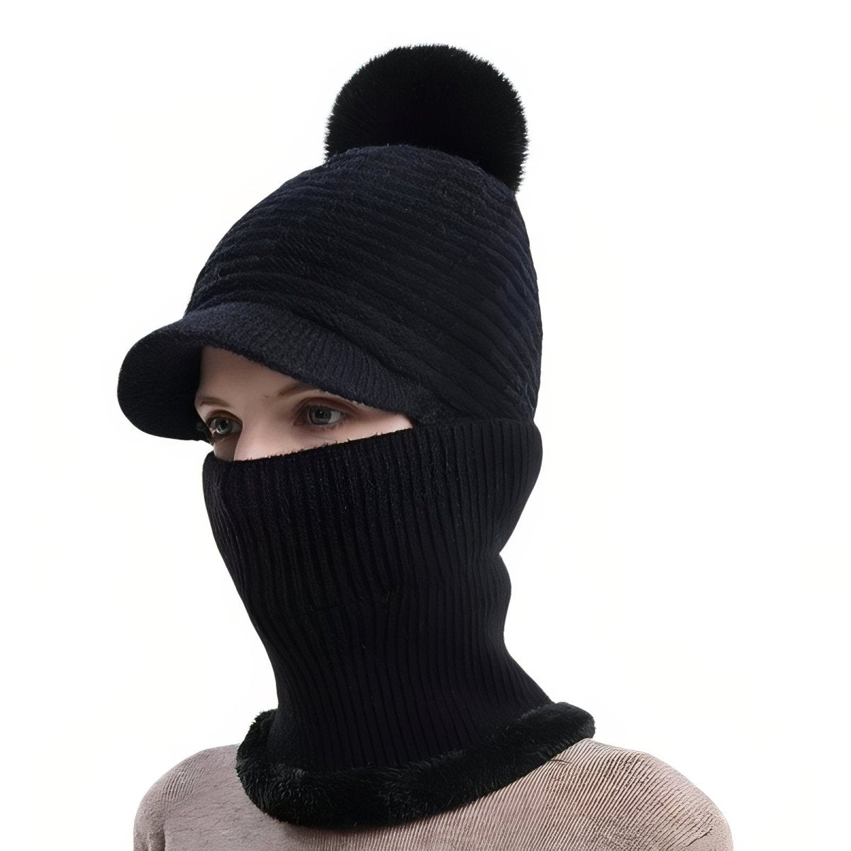 Knitted Winter Hat with Visor and Neck Warmer