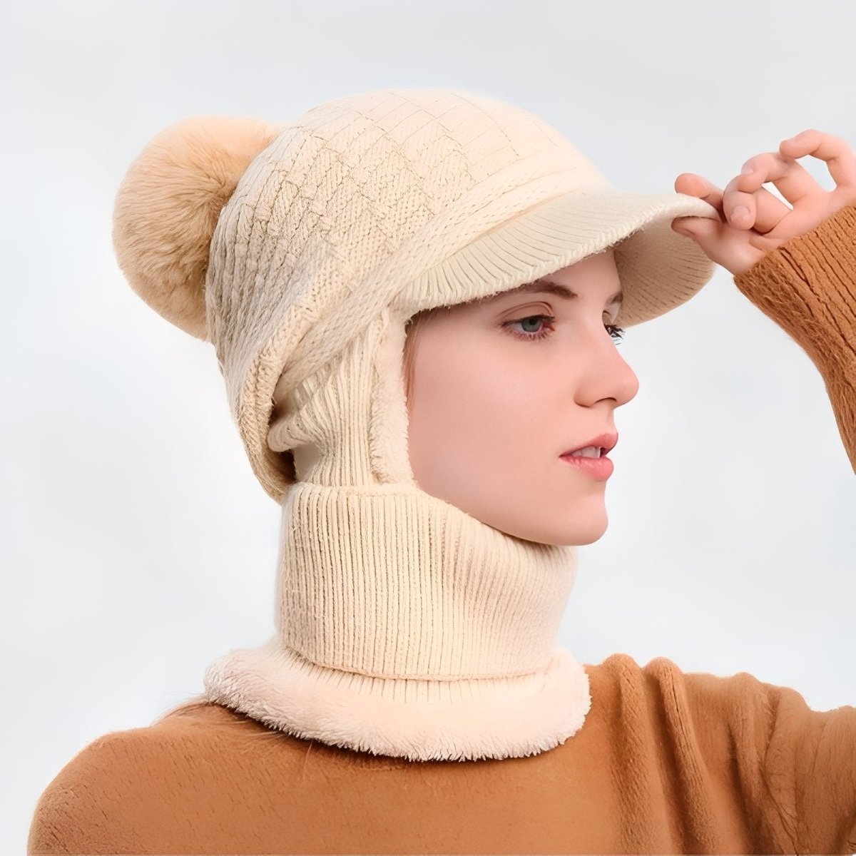 Knitted Winter Hat with Visor and Neck Warmer