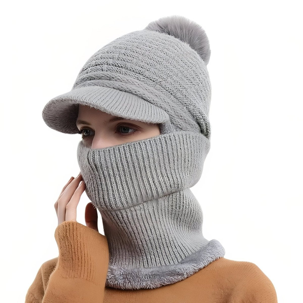 Knitted Winter Hat with Visor and Neck Warmer
