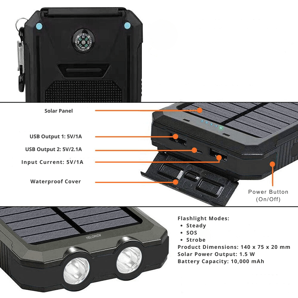 Solar Power Bank Waterproof Shockproof 10000 mAh