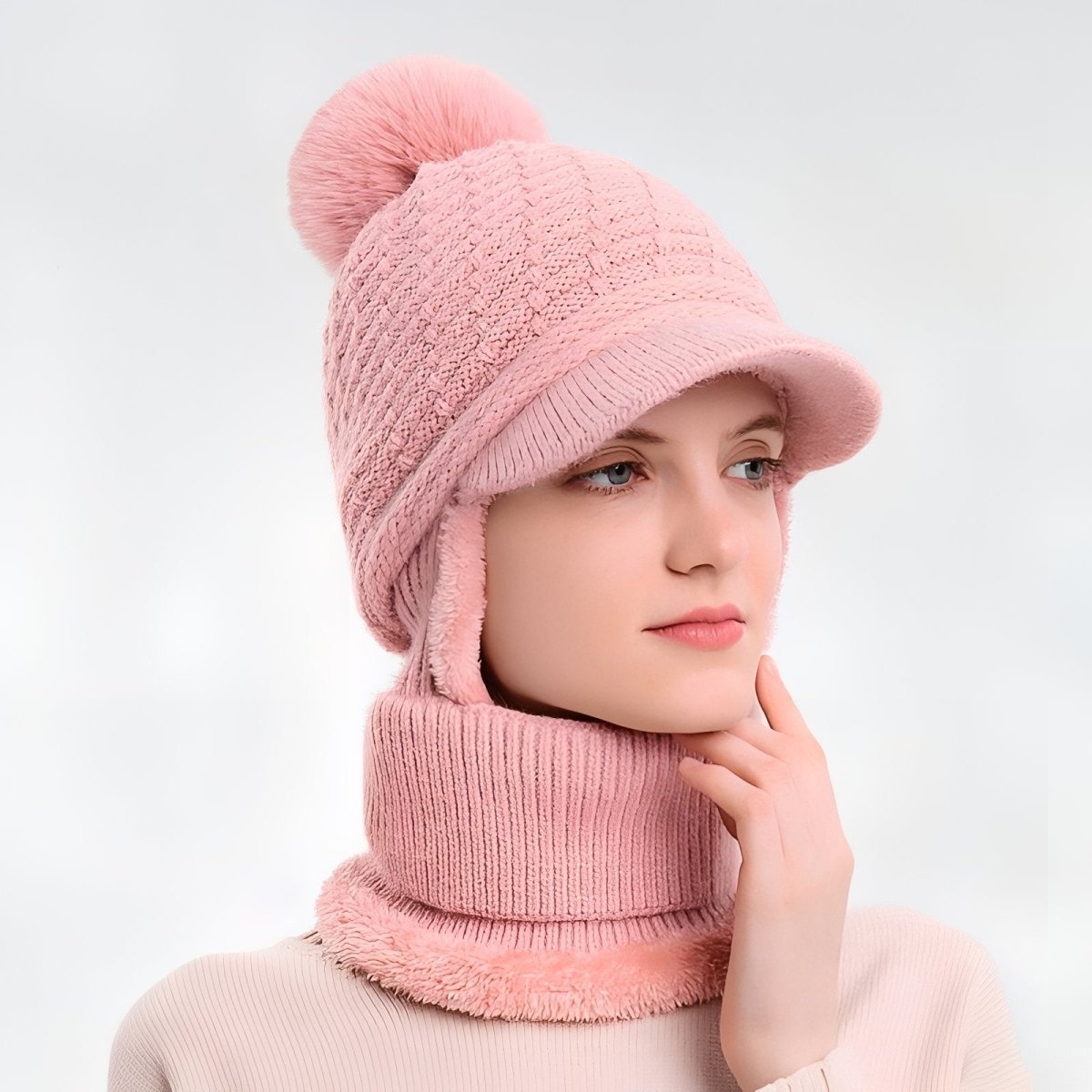 Knitted Winter Hat with Visor and Neck Warmer
