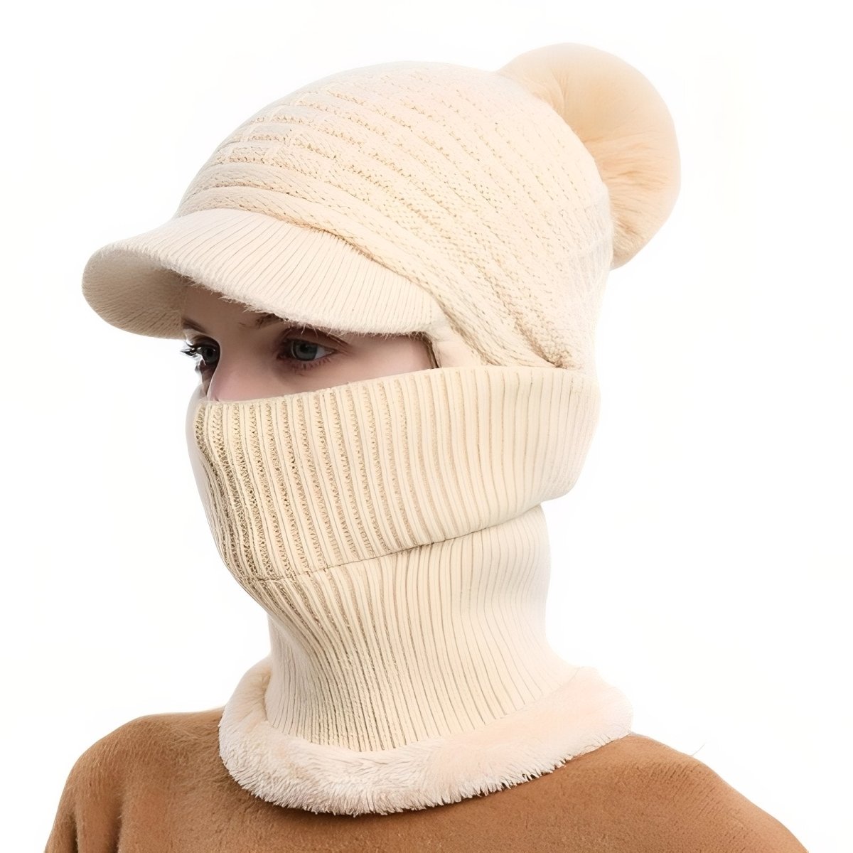 Knitted Winter Hat with Visor and Neck Warmer