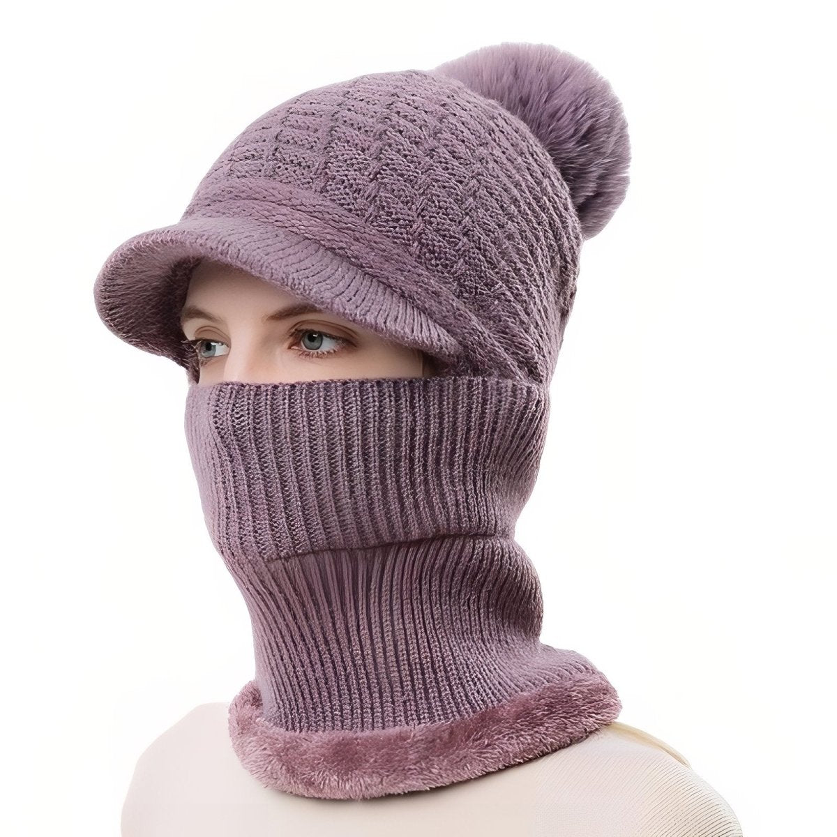 Knitted Winter Hat with Visor and Neck Warmer