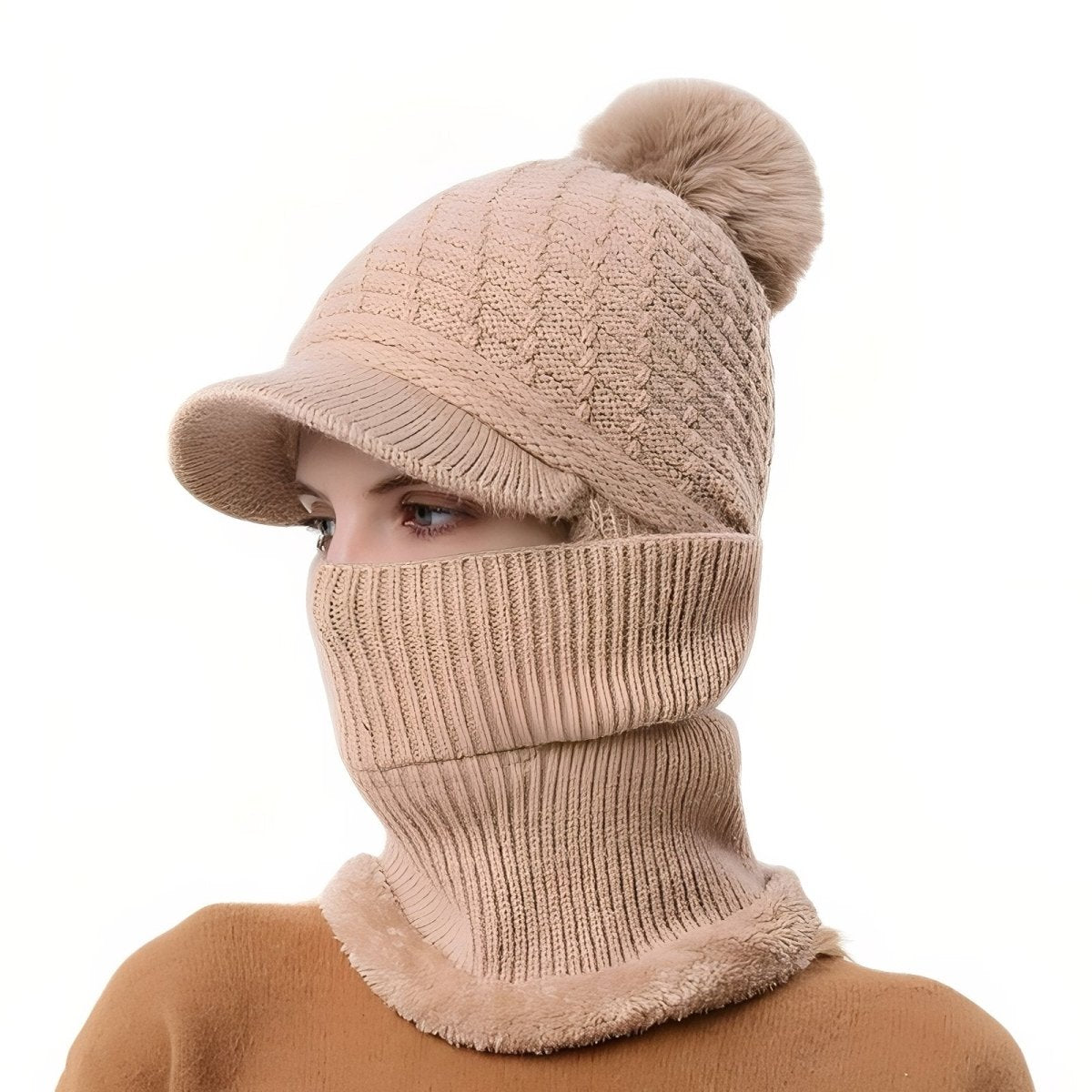 Knitted Winter Hat with Visor and Neck Warmer